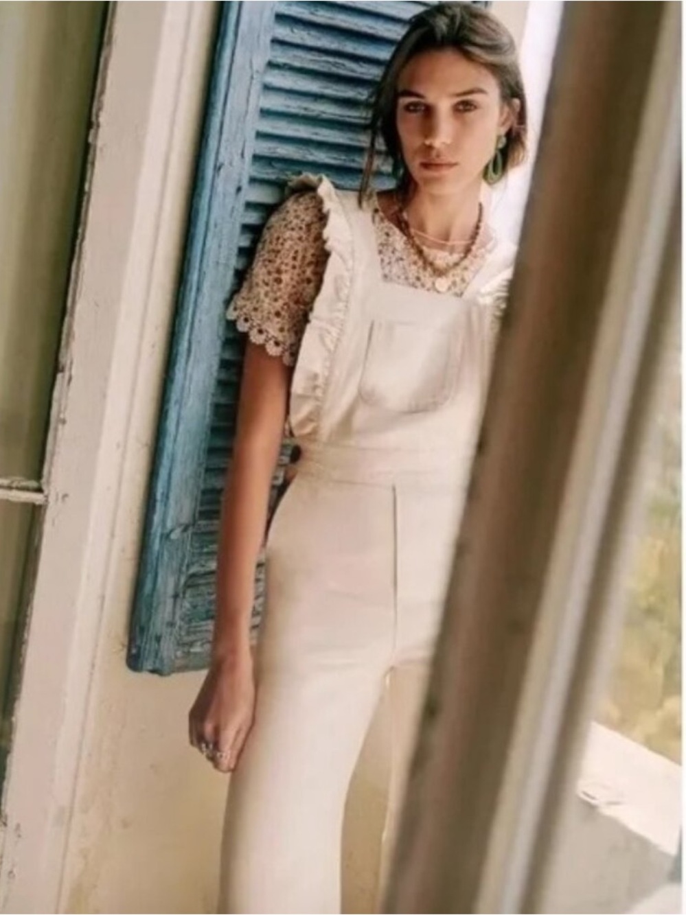 Sezane Rosario Ruffle Overalls Jumpsuit Cream Size 36 US 4